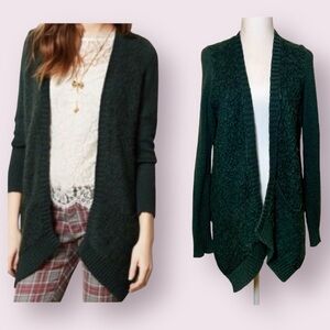 Anthropologie Sleeping On Snow Open Front Boucle Cardigan Sweater Forrest Green